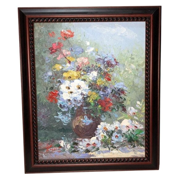 Framed Oil Painting of Colorful Floral Bouquet by Rogers 12"x9"